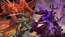 A split image with cover art from different DnD Editions - on the left, Larry Elmore's illustration of a barbarian warrior fighting a red dragon - on the right, a liche in purple robes summons eldritch energy