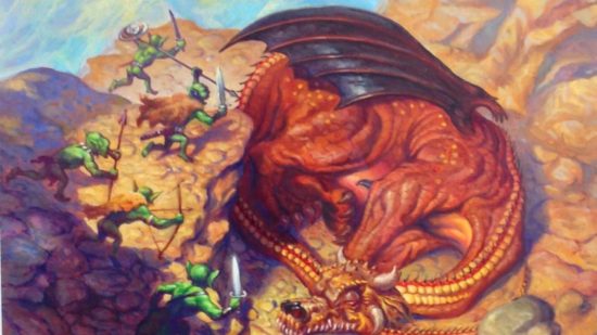 DnD flanking art showing goblins attacking a sleeping dragon