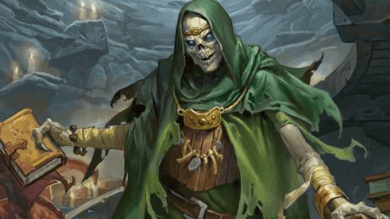 DnD Poison Spray 5e - Wizards of the Coast art of a skeleton in a green robe