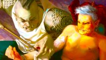 Wizards of the Coast art of an Orc giving an Elf D&D tattoos
