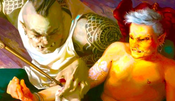 Wizards of the Coast art of an Orc giving an Elf D&D tattoos