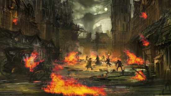 DnD Wall of Fire spell - scraps of fire cling to a burning village