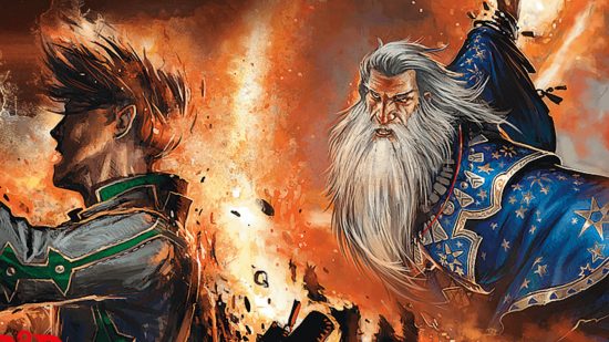 DnD Wall of Fire spell - a grey-bearded wizard unleashes fire magic
