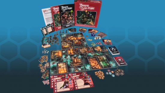 Contents of the core box set for the dungeon crawler board game Dungeon Saga Origins