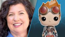 Split image - on the left, a closeup on Ex-MTG and DnD boss Cynthia Williams, a smiling woman with dark curly hair - on the right, a closeup of an MTG Chandra Planeswalker funkopop, a beady-eyed bobble-headed toy with orange goggles on her forehead and red hair