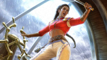 MTG art showing Sisay Weatherlight Captain at the helm of the ship, piloting through the rain