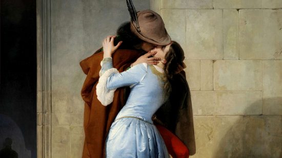 El Beso by Pinacoteca de Brera, Milán, 1859, a man in a brown cape and hunters cap kisses a dark haired woman in a pale blue crushed velvet dress