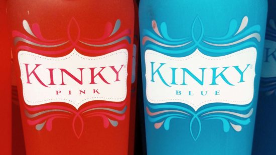 A bright red and icy blue bottle of 'Kinky' Vodka, representing spicy Mr and Mrs quiz questions