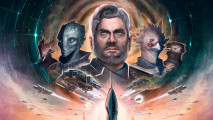 Paradox games - key art for Stellaris, a sci-fi 4X game, featuring a bearded human and several alien portraits