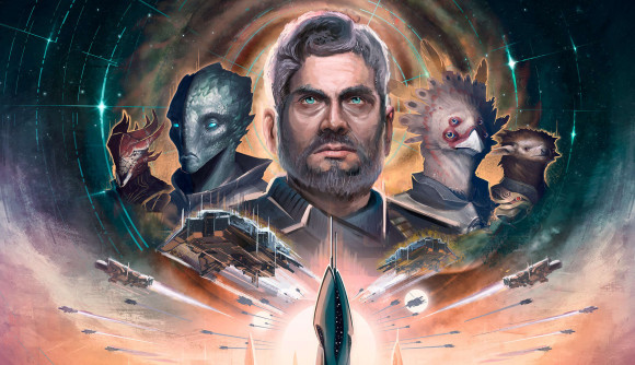 Paradox games - key art for Stellaris, a sci-fi 4X game, featuring a bearded human and several alien portraits
