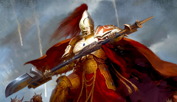 Warhammer 40k Adeptus Custodes - art from Games Workshop, a gold-armored warrior with a red cape, red horsehair plume, and double-handed spear