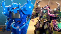 Side by side comparison of a blue clean Gundam robot, with the same model converted into a sickly green daemon prince with a weird pink nose tube