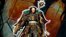 Warhammer 40k Inquisition - Inquisitor Gregor Eisenhorn, a dour man wearing ornate robes and clothing, equipped with an ornate gold-chased bolt pistol, with a skull-tipped staff attached to his back