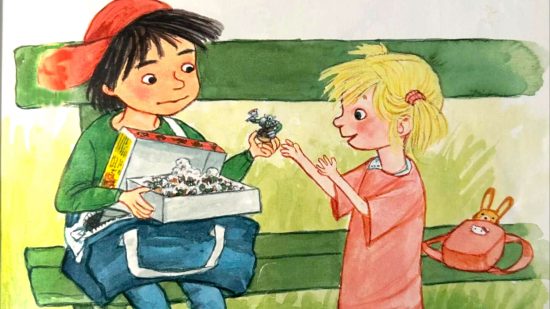 Scene from "Lisa Waits for the Bus" by Sven Nordqvist - a little blonde girl in a pink shirt takes a Warhammer 40k Ork model from Johan, a black-haired boy in jeans, greenjacket, red cap, who has a cardboard box of figures packed in bubble wrap