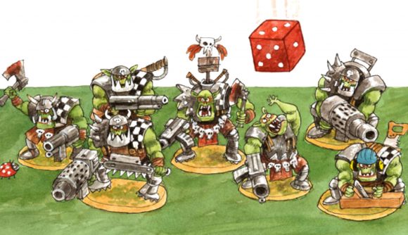 An illustration of Warhammer 40k Ork models by Sven Nordqvist, bandy-legged green-skinned humanoids in clunky black and white armor with big guns, big toothy grins, supported by round yellow bases