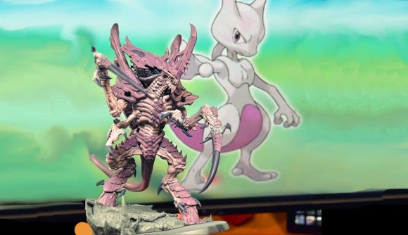 Warhammer 40k Tyranid Norn Emissary in front of an image of the Pokemon Mewtwo