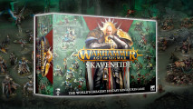 Warhammer Age of Sigmar 4th Edition launch box Skaventide release - Games Workshop image showing the box art for Skaventide, overlaid on an image of the included models