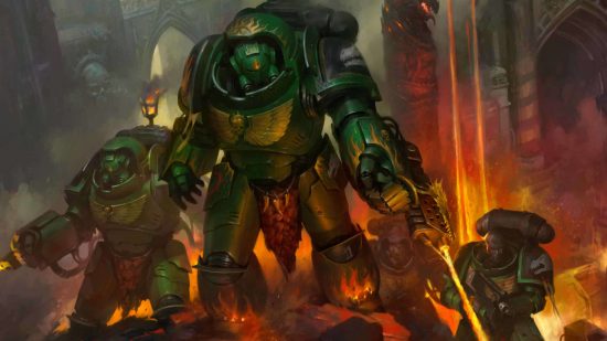 Warhammer 40k illustration, Salamanders Space Marines in heavy green Aggressor power armor, equipped with hand-mounted flamers