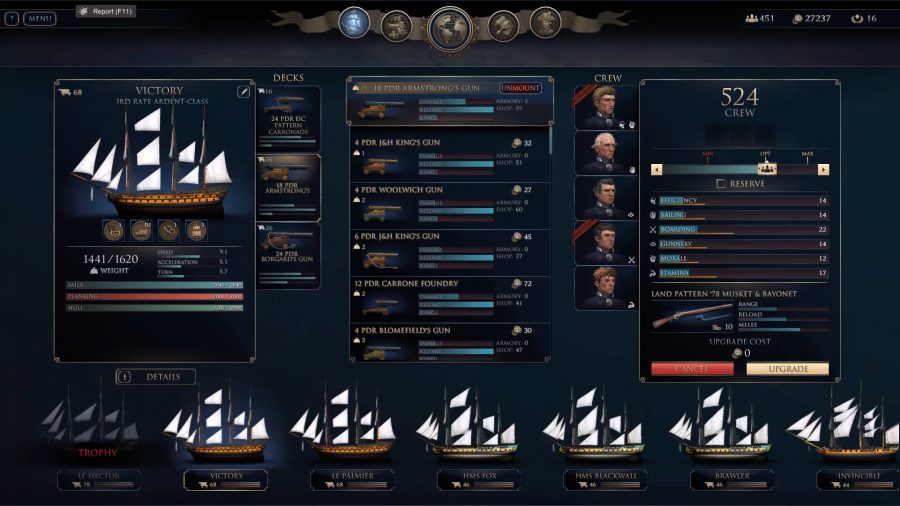 Ultimate Admiral: Age of Sail preview ship stats screen