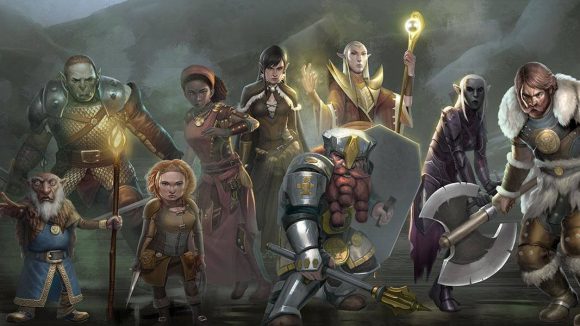 Multiple races from D&D standing together with weapons in hand