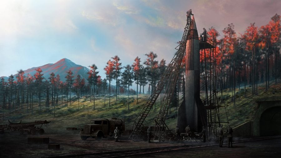 Hearts of Iron DLC guide artwork showing missile launch site