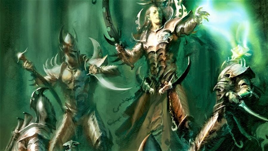 Warhammer Community artwork showing Drukhari kabalites and an Archon