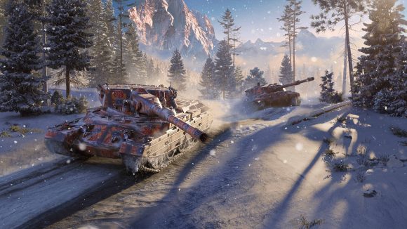 A tank covered in Roman legionary insignia prowls the battlefield in World of Tanks