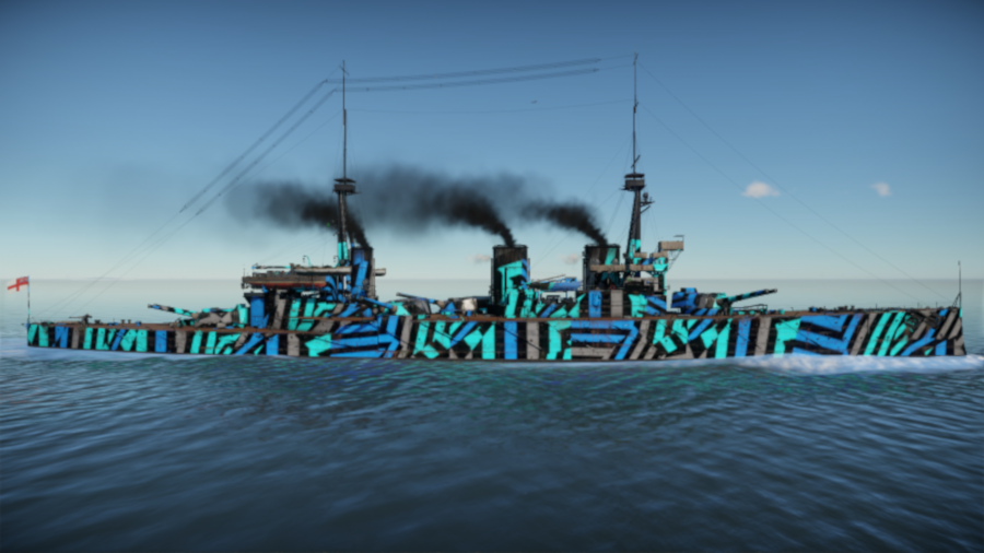 A battlecruiser equipped with a custom war thunder skin that adds bright polygons to its side
