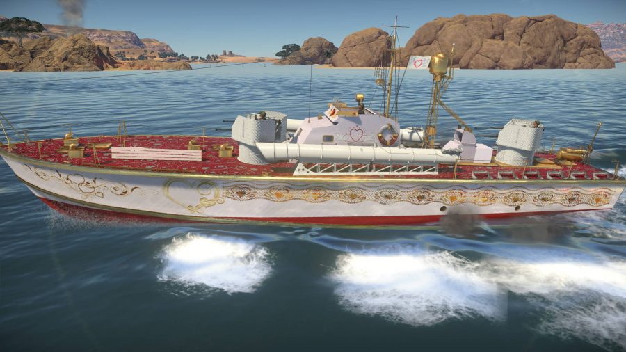 A boat dressed up in red carpet and golden banisters using a war thunder skin to look like a wedding boat
