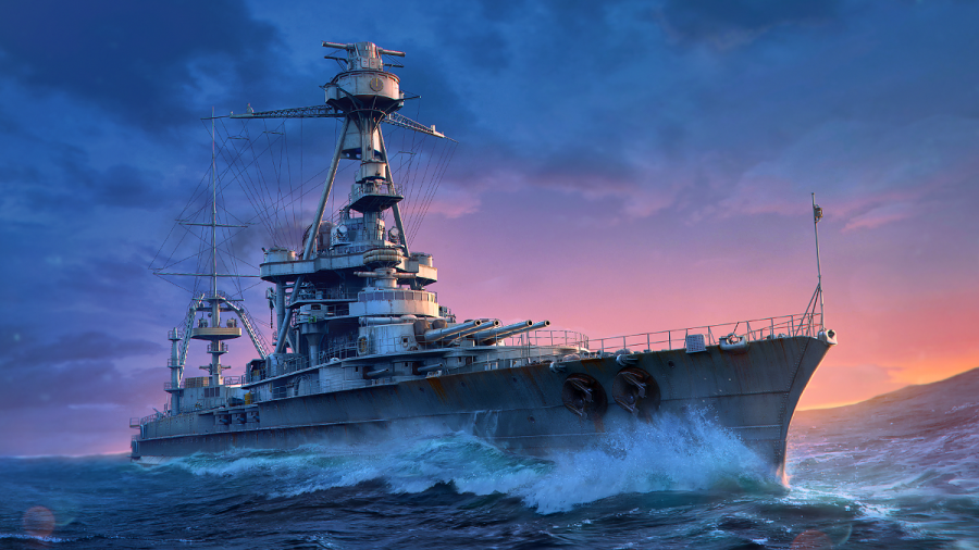 World of Warships mods A hulking battlecruiser sits against a pink sunset