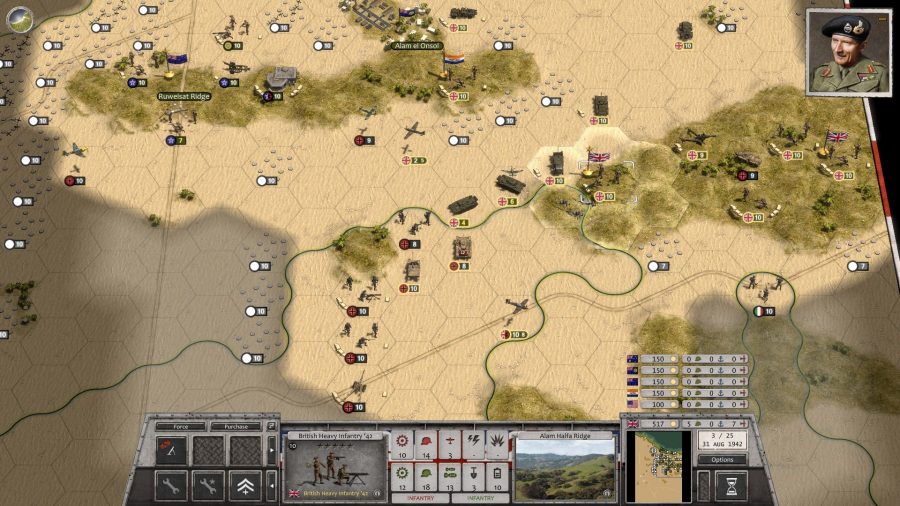 Order of Battle WW2 Allies Defiant review screenshot showing british units in North African desert with General Montgomery