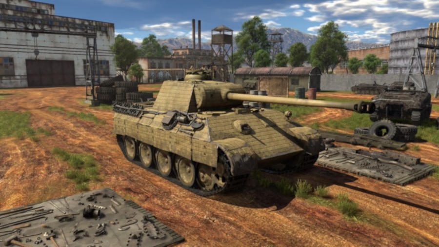 A Panther A War Thunder tank sitting on a dirt track stationary