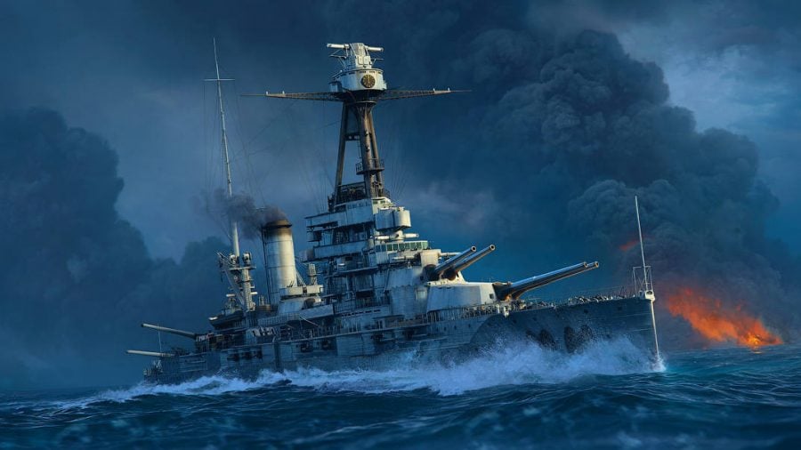 World of warships mods a battleships rests on the choppy sea against a cloudy sky