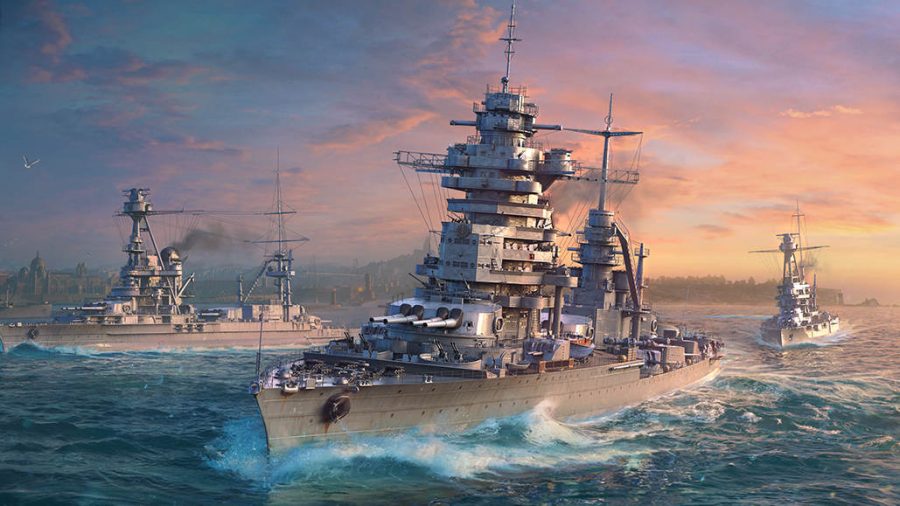 World of Warships mods large battleship moves through the ocean waves against a pretty sunset