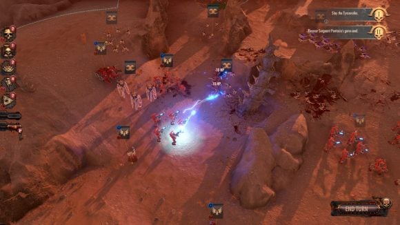 warhammer 40k battlesector announcement blood angels firing a lightning gun against alien tyranids