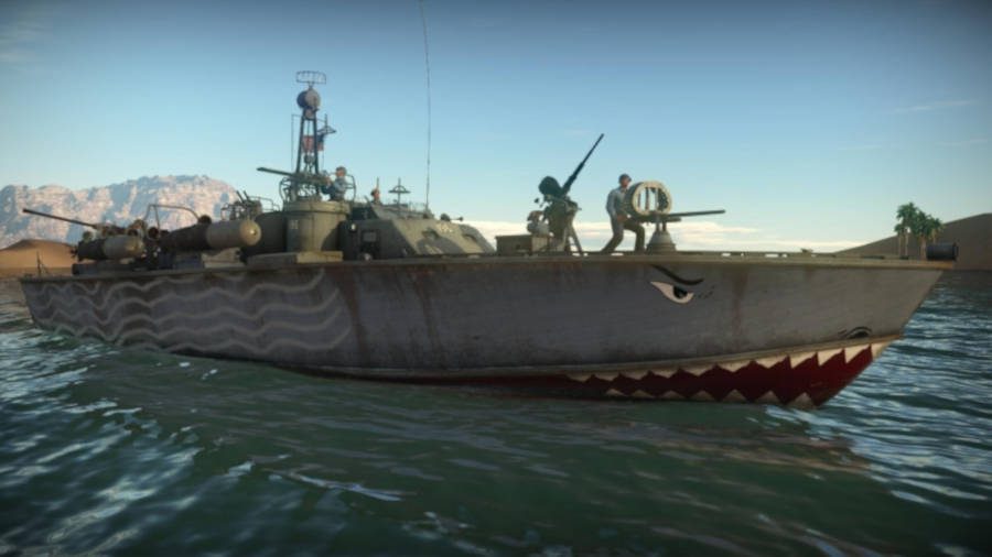 A boat with a shark mouth decal added to its front using a custom war thunder skin