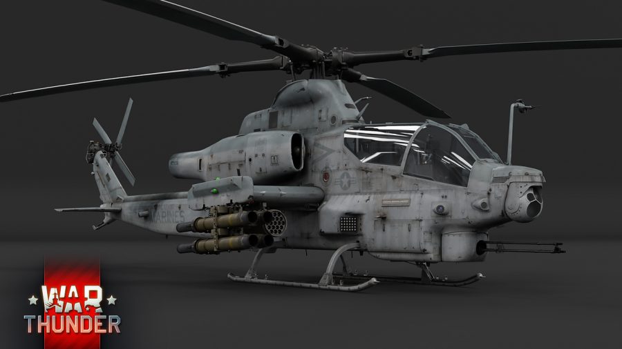 Bulky grey War Thunder helicopter against a flat background