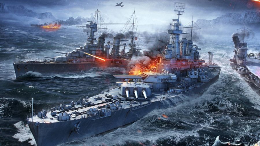 World of Warships mods two battleships fire shells at close range amongst a raging sea