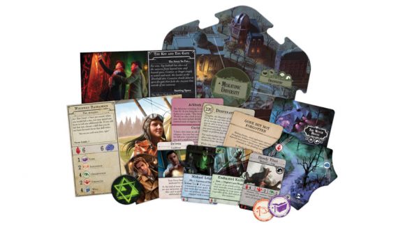 Collection of cards and token from Arkham Horror expansion game