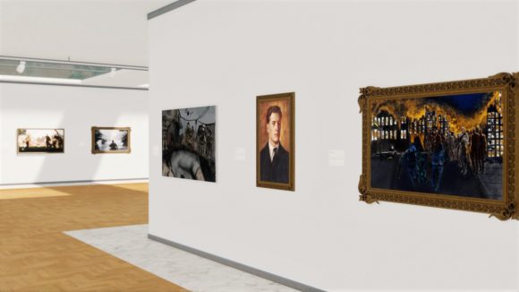 Paintings in an art gallery from Arma 3 DLC Art of War, showcasing the new community artwork