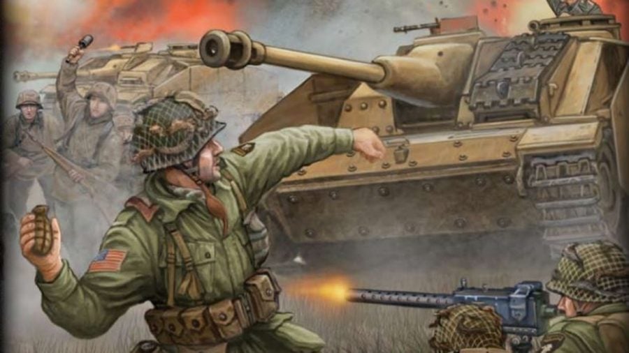Best free miniature wargame rules Flames of War artwork from book showing tank and a soldier throwing a grenade