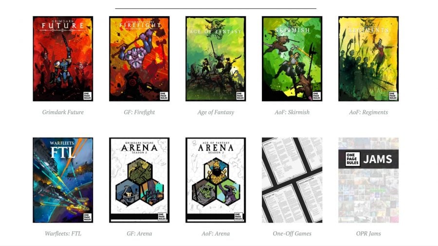 Best free miniature wargame rules one page rules website screenshot showing several cover arts for their rulesets