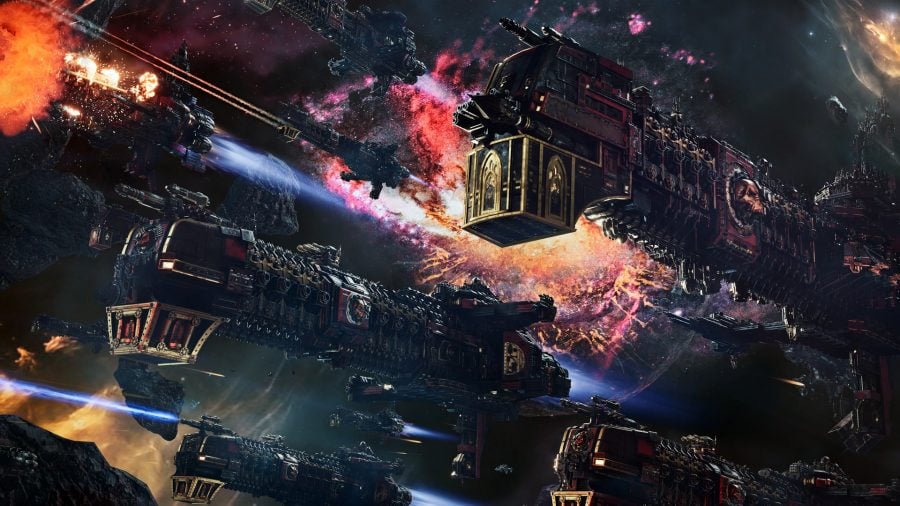 Best Warhammer 40K videogames Battlefleet Gothic Armada 2 screenshot showing Imperial Cruisers firing void weapons in a battle