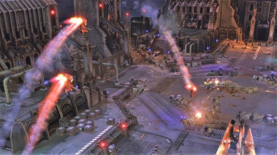 Best Warhammer 40K videogames Dawn of War 2 assault marines dropping into battle screenshot
