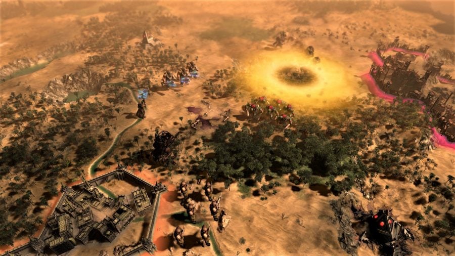 Best Warhammer 40K videogames Gladius Relics of War screenshot showing military units and atmospheric effects on the map