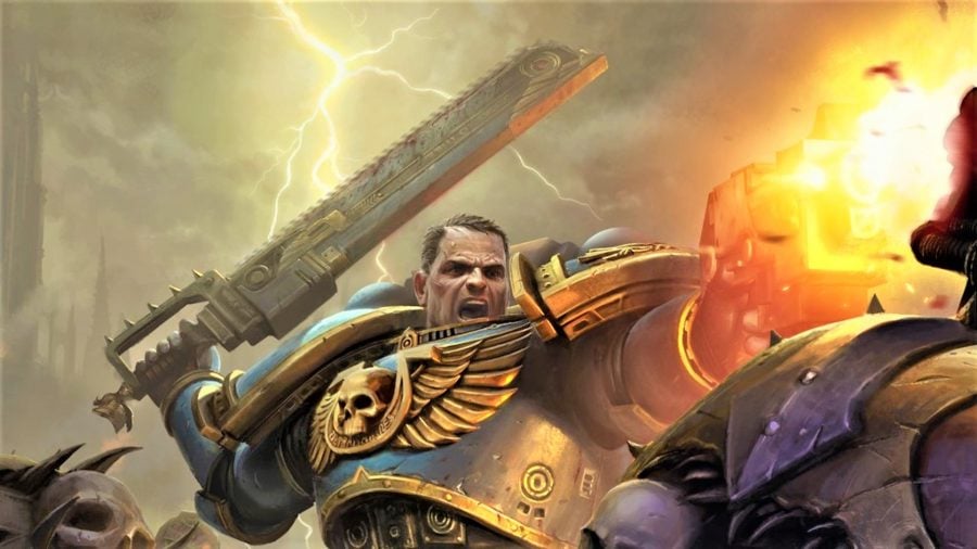 Best Warhammer 40K videogames artwork showing Captain Titus holding a chainsword and firing a bolt pistol