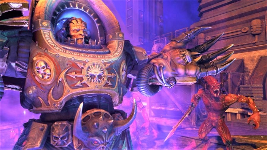 Best Warhammer 40K videogames Space Marine Chaos sorcerer villain screenshot with a Khorne daemon