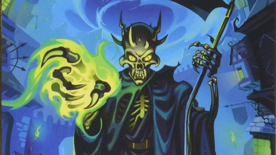 A magical skeleton holding staff and producing glowing green energy from its fist on the cover of choose your own adventure Fighting Fantasy book City of Thieves