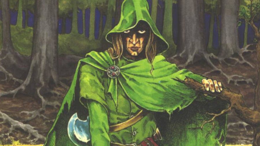 A man dressed in green robes holding an axe from choose your own adventure book Lone Wolf Saga
