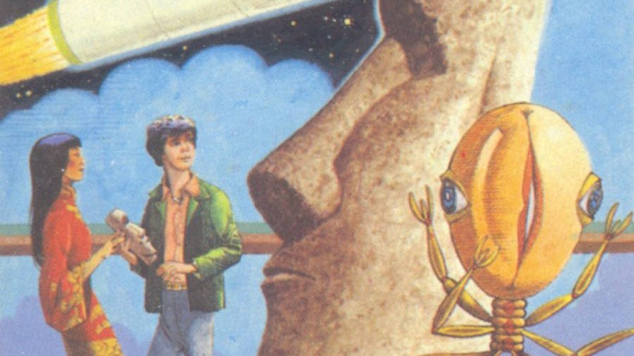 A boy and girl wandering next to an Easter Island head with a spaceship in the background, on the cover of choose your own adventure book UFO